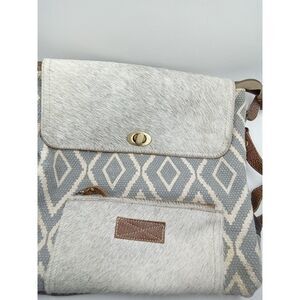 Myra Bag Upcycled Canvas and Hair-on Hide Crossbody Bag Blue Geometric‎ Boho